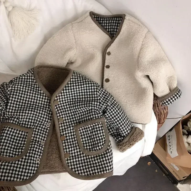 Maglione capispalla per bambini autunno e inverno, capispalla in lana di agnello addensato, giacca in cotone per ragazza calda Casual e carina