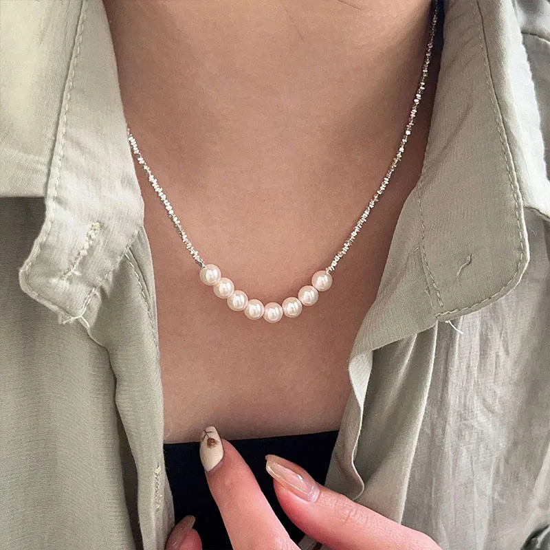 Pearl Stitching Small Silver Necklace Women's 925 Sterling Silver High-grade Ins Versatile Collarbone Chain Fashion Jewelry