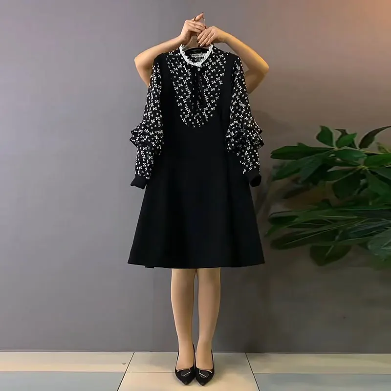 Frühling Herbst Plus Größe Temperament Koreanische Süße Bogen Spitze Kleid Mode Alter-Reduzierung Hohe Taille A-line Gefälschte Zwei taille Kleider