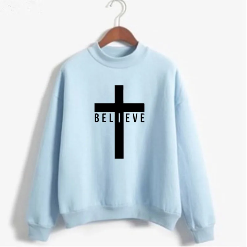 Believe in Jesus Cross Print Woman Sweatshirts Sweet Korean O-neck Knitted Pullover Autumn Winter Candy Color Women Clothing