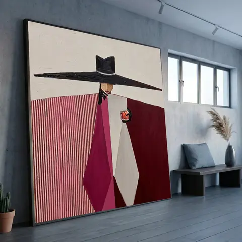 Mid Century Modern Woman Canvas Painting Wall Art Wide Brim Hat Lady Poster Geometric Abstract Figures Print for Living Room