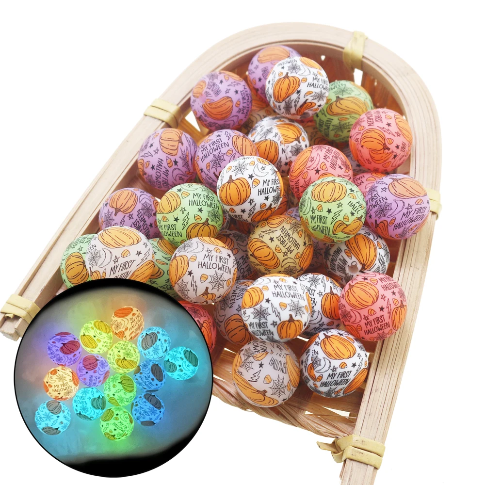 2024 New Arrival Pumpkin Printing Silicone Beads 15MM Glowing In The Dark Halloween Ball For Pen Making Jewelry Necklaces