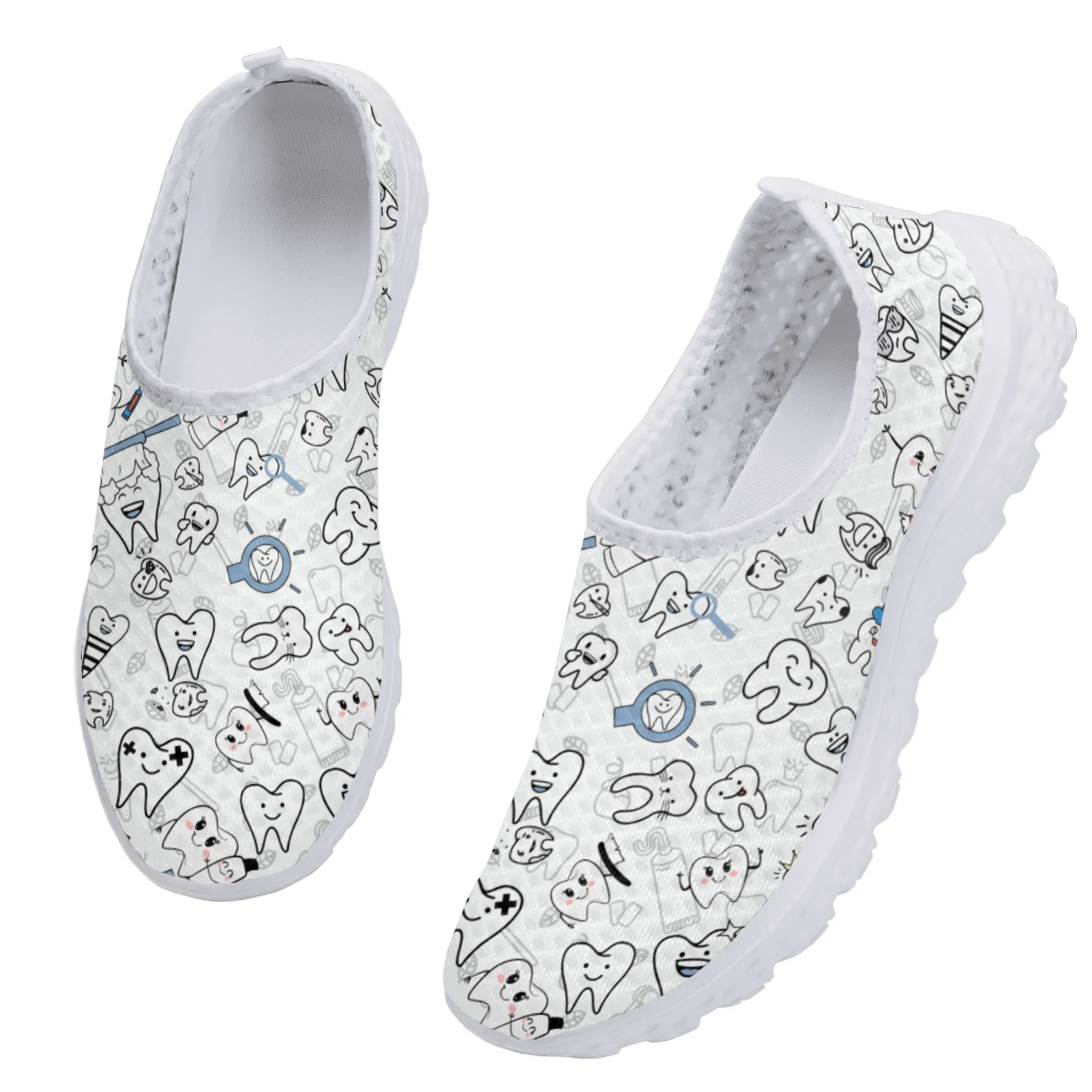 White Cartoon Tooth Design Mesh Shoes para mulheres, respirável, confortável, Flat Walking, Running, Fashion