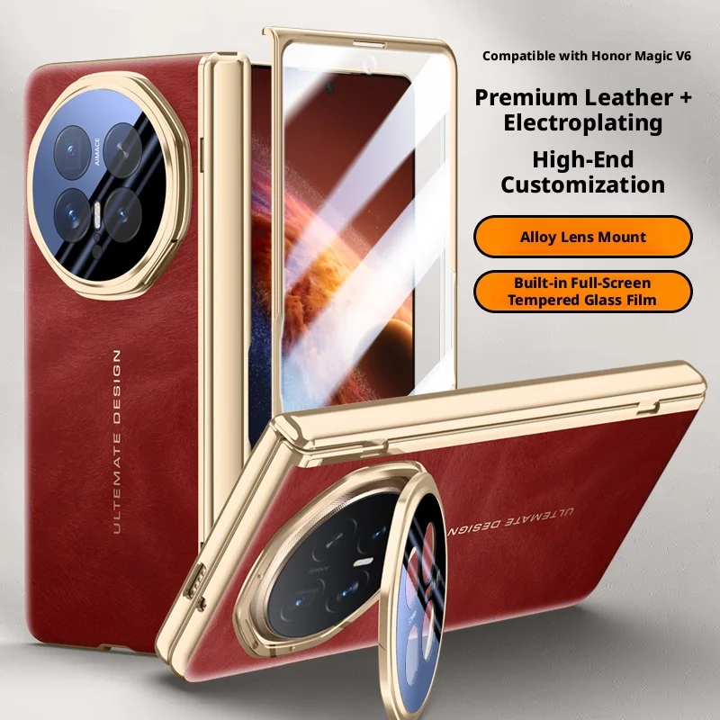 

Electroplating Vegan Leather Magnetic Hinge Lens Stand Holder Case For Honor Magic V6 Cell Phone Back Protection Cover