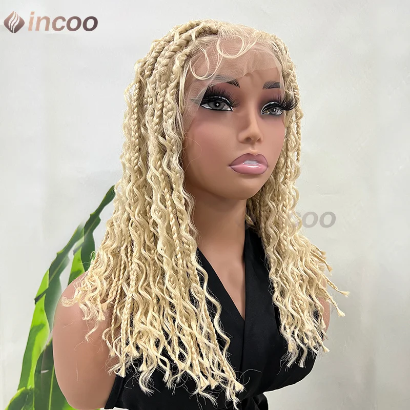 12 Inch Bohemian Curly Braided Wigs 613 Blonde Synthetic Full Lace Front Wigs For Black Women Short Goddess Locs Braid Lace Wigs