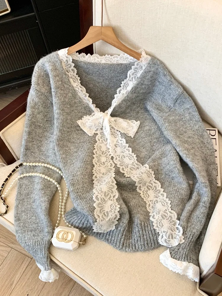 

Women's Lace Knot Sweater V-Ne Knitted Long Sve Base Layer Top Spring Autumn New Sle Korean Lazy Sle High End
