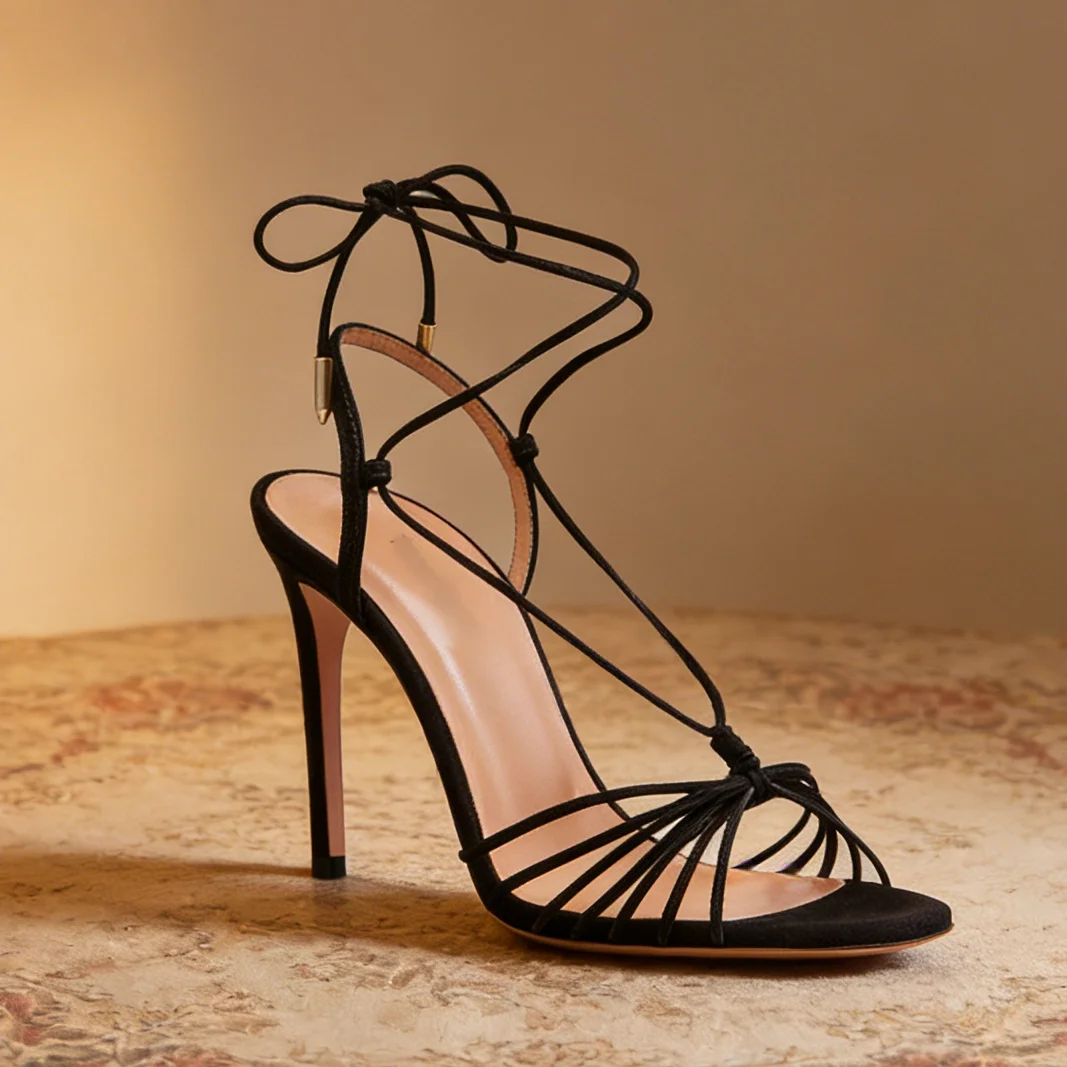 

Женские туфли-лодочки 2026 года: черные, с круглым открытым носком, на шпильке, во французском стиле, изысканные, на шнуровке, ручной работы, класса люкс