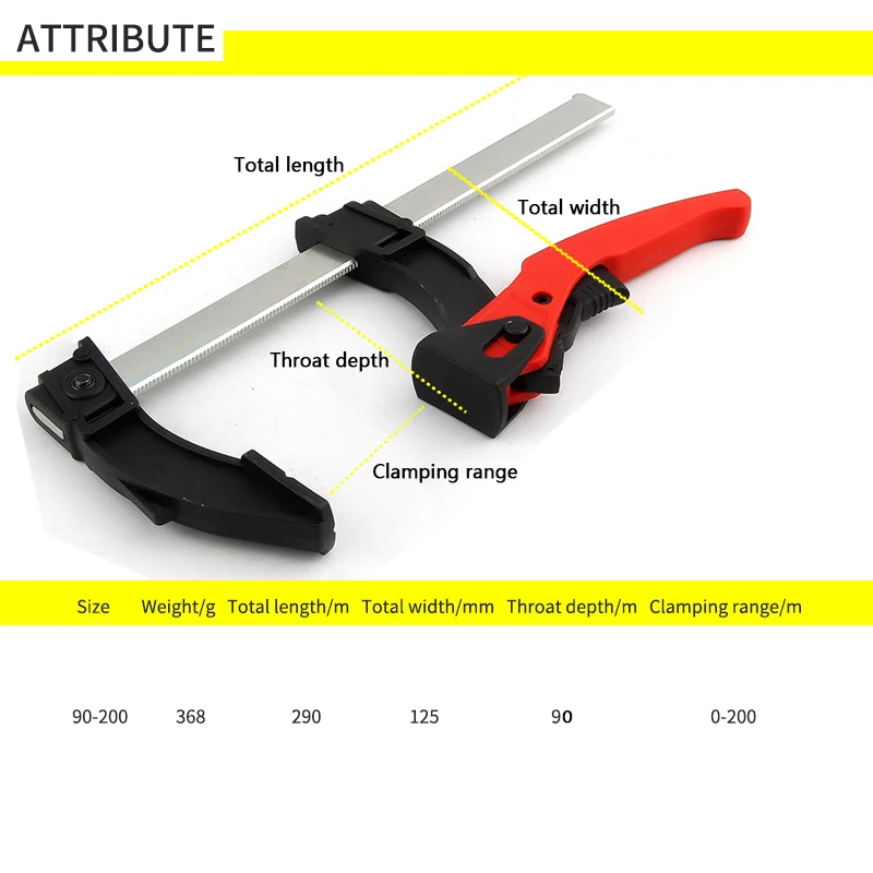 Quick Release Ratchet F Clamp Table Clamps Woodworking Bar Clip with 200mm Clamping Range 90mm Throat Depth