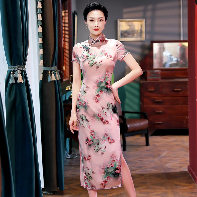 Out of Stock Spring New High Quality Real Silk Short Sleeve Printed Long Modified Cheongsam Qipao Women's Dress