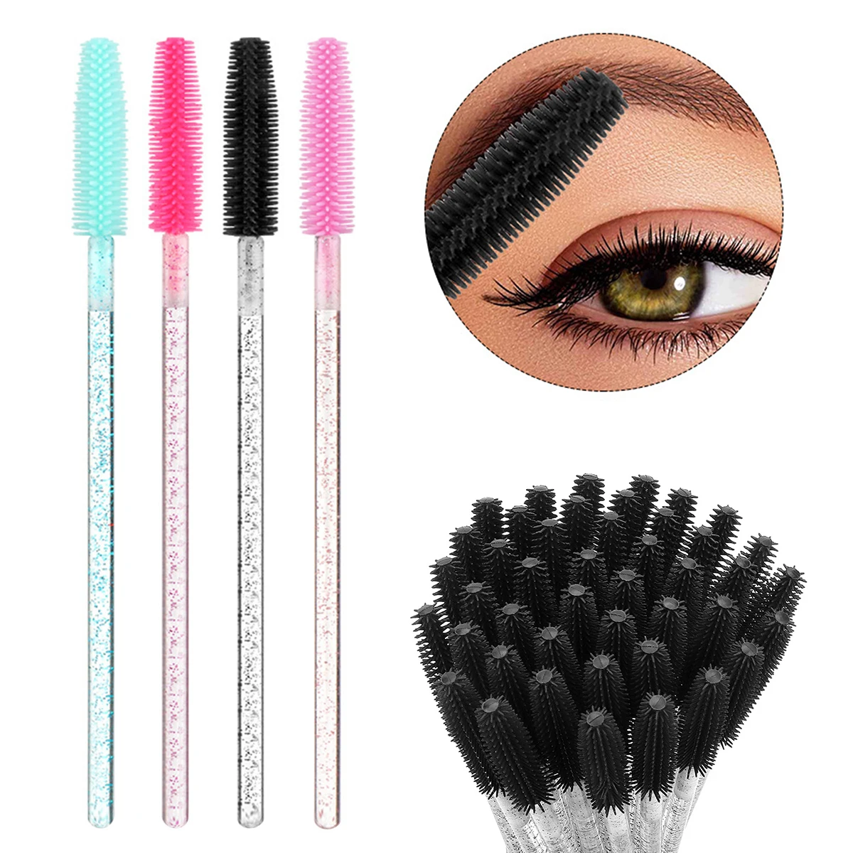 Baguettes de mascara en cristal de silicone pour femmes, applicateur de poulet, brosses à cils en gel de diamant, peigne, outils de brosse de maquillage de beauté, 50 pièces