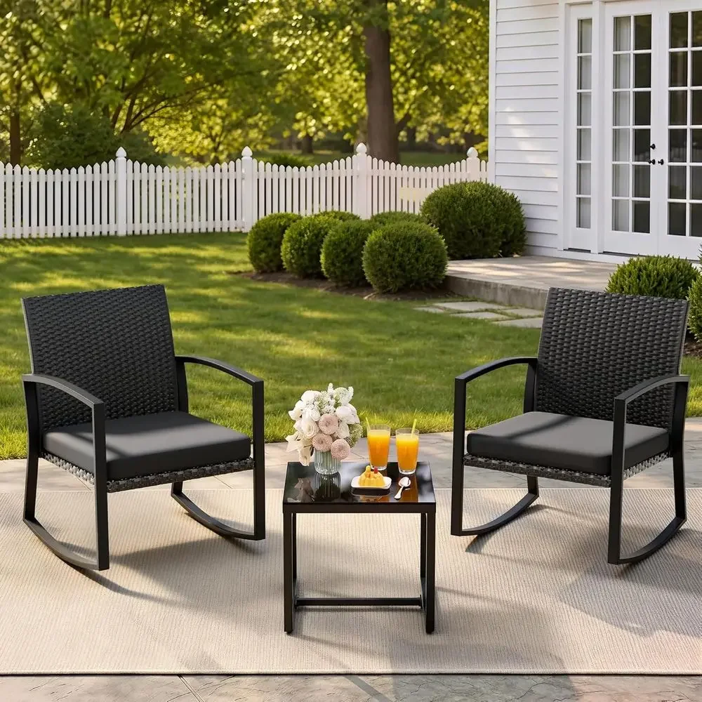 Enhanced Steel 3-Piece Patio Furniture Set with Tempered Glass Table and Weather-Resistant Wicker Chairs in Medium Gray