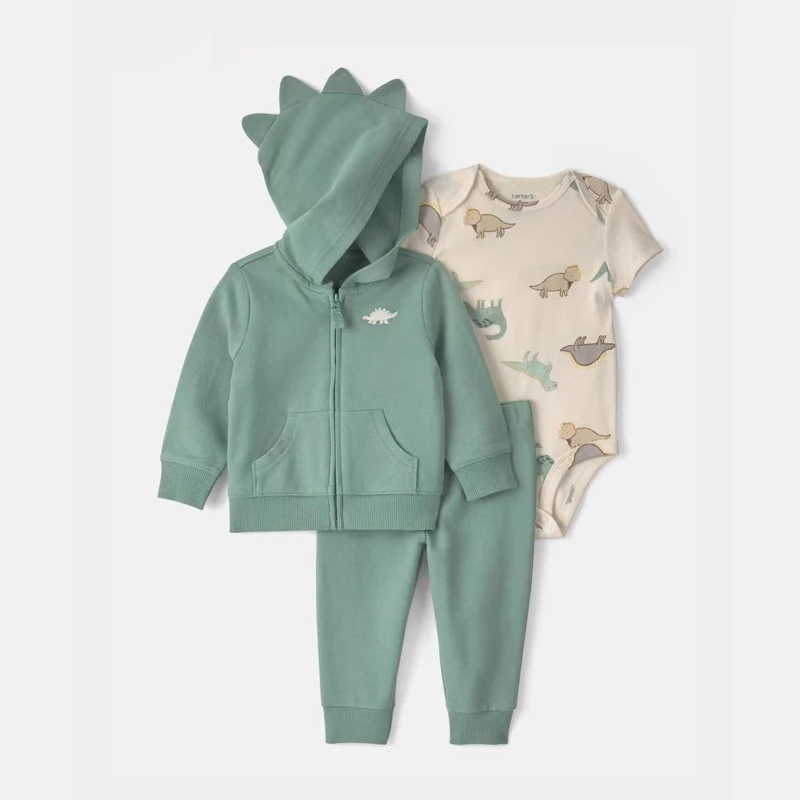 IYEAL 3Pcs Baby Cotton Dinosaur Outfit Set Hooded Zip Sweatshirt + Bodysuit + Pants Toddler Boys Girls Casual Clothing Set