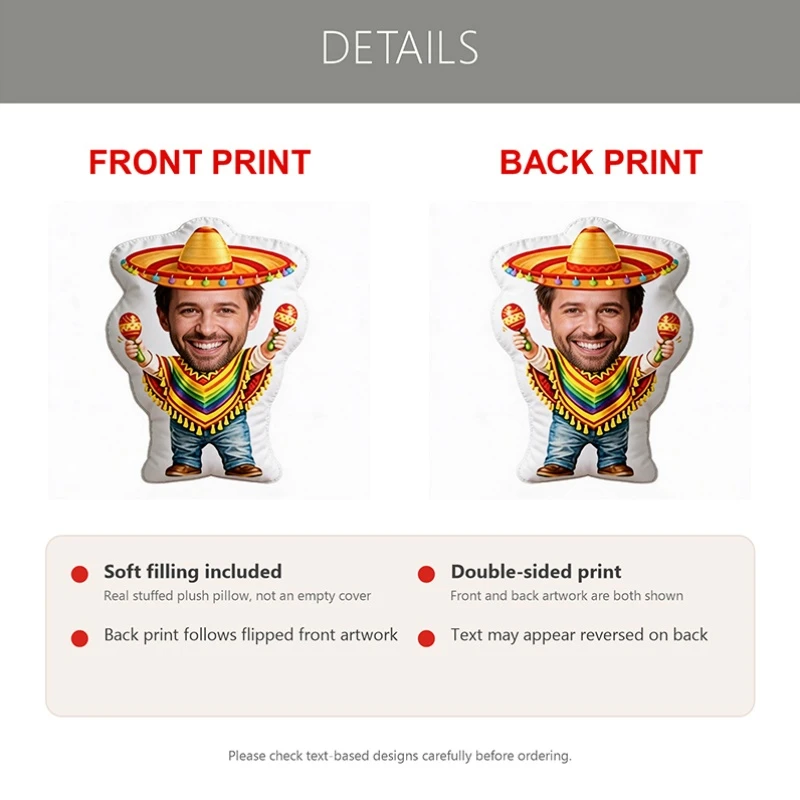 Custom Photo Shaped Pillow, Personalized Face with Sombrero And Maracas Funny Decorative Cushion, Unique Home Decor Accent for S