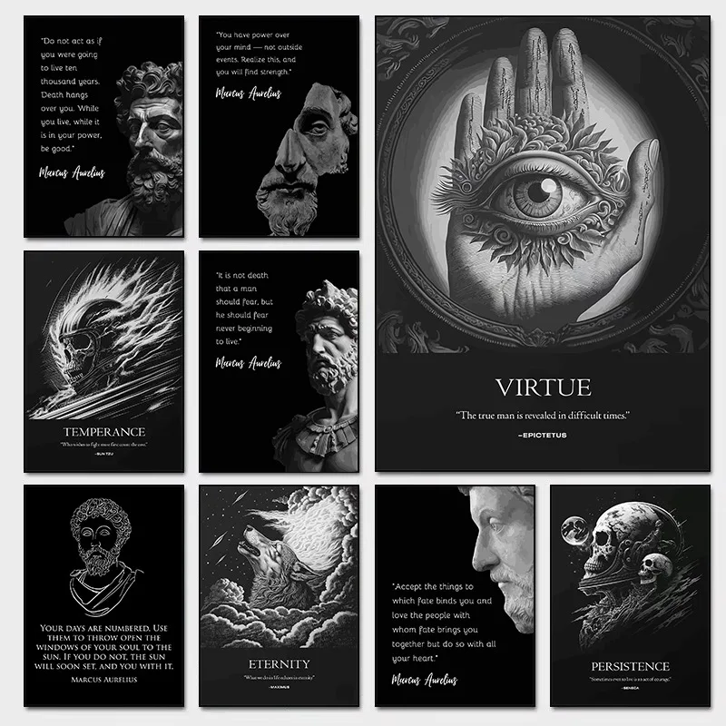 Affiche de citation stoïque de Marcus Aurelius, toile imprimée minimaliste, philosophie noire et blanche, œuvre d'art, Motivation du stoïcisme, décor de bureau