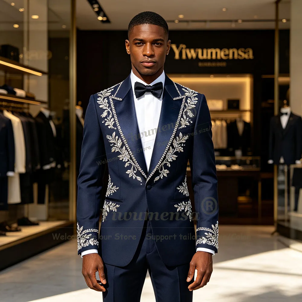Elegantes Trajes Azul Marino para Hombre, Conjuntos de 2 Piezas, Chaqueta y Pantalones con Lentejuelas Brillantes, Corte Ajustado, Traje de Novio para Boda, Ropa Masculina