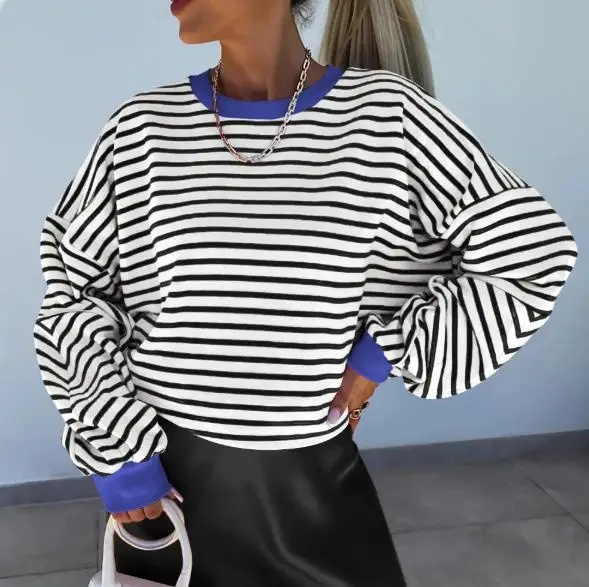 

New Pullover Striped Contrasting Round Neck Sweatshirt, Women's Trendy Long Sleeved Shirt, Versatile Warm Top