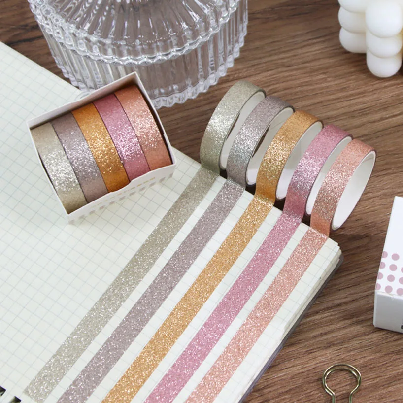 5Rolls Glitter Washi bant seti Scrapbooking dekoratif yapışkan bant albümü Washitape kırtasiye dergisi malzemeleri temel maskeleme Ta