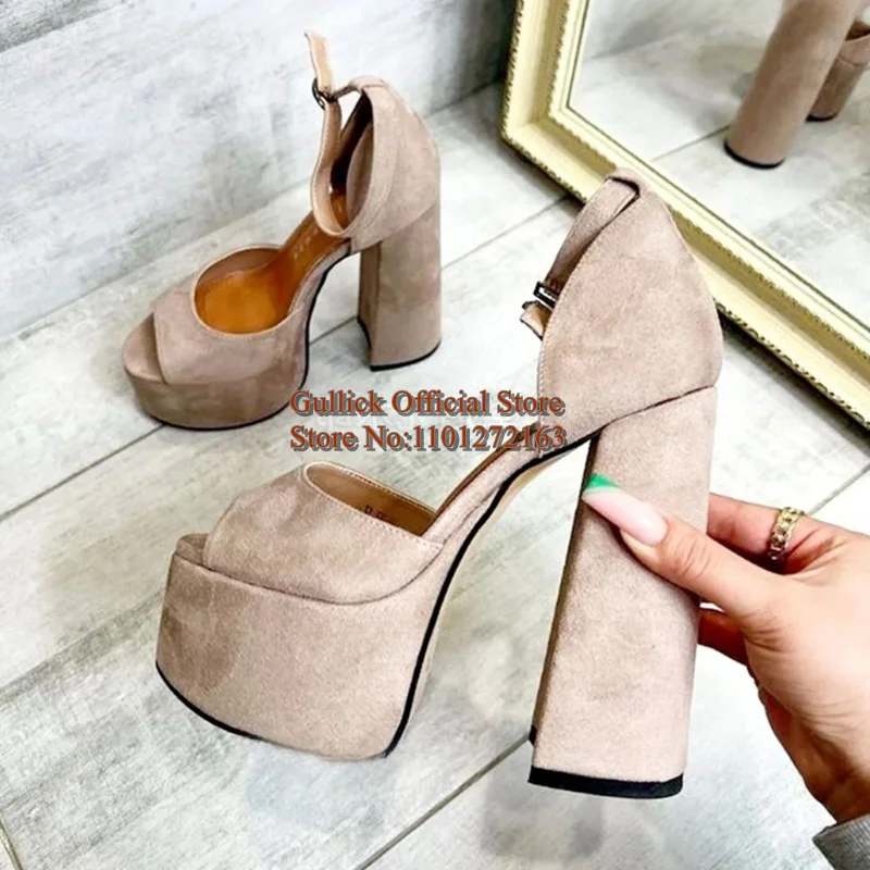 

Apricot Suede Cloth Thick Heels Platform Sandals Open Toe Chunky Buckle Strap Women Dress Shoes Black Leather Footwears