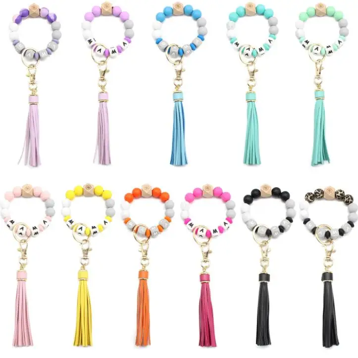 Party Favor Letter Silicone Bead Bracelets Tassel Key Chain Pendant Women's Jewelry Bag Accessories Mother's Day Gift  SN2219