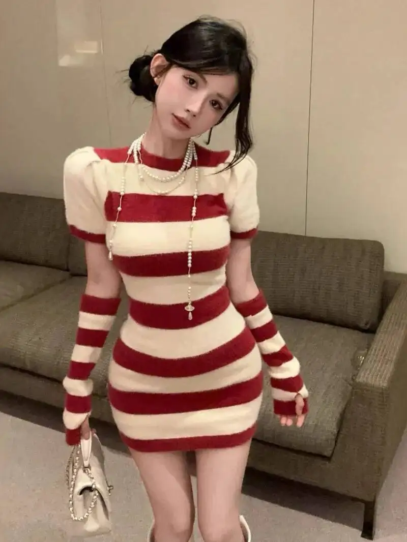 Doce mini vestido de malha camisola grossa picante menina moda vermelho branco retalhos listras puro desejo bonito vestido elegante nvv8