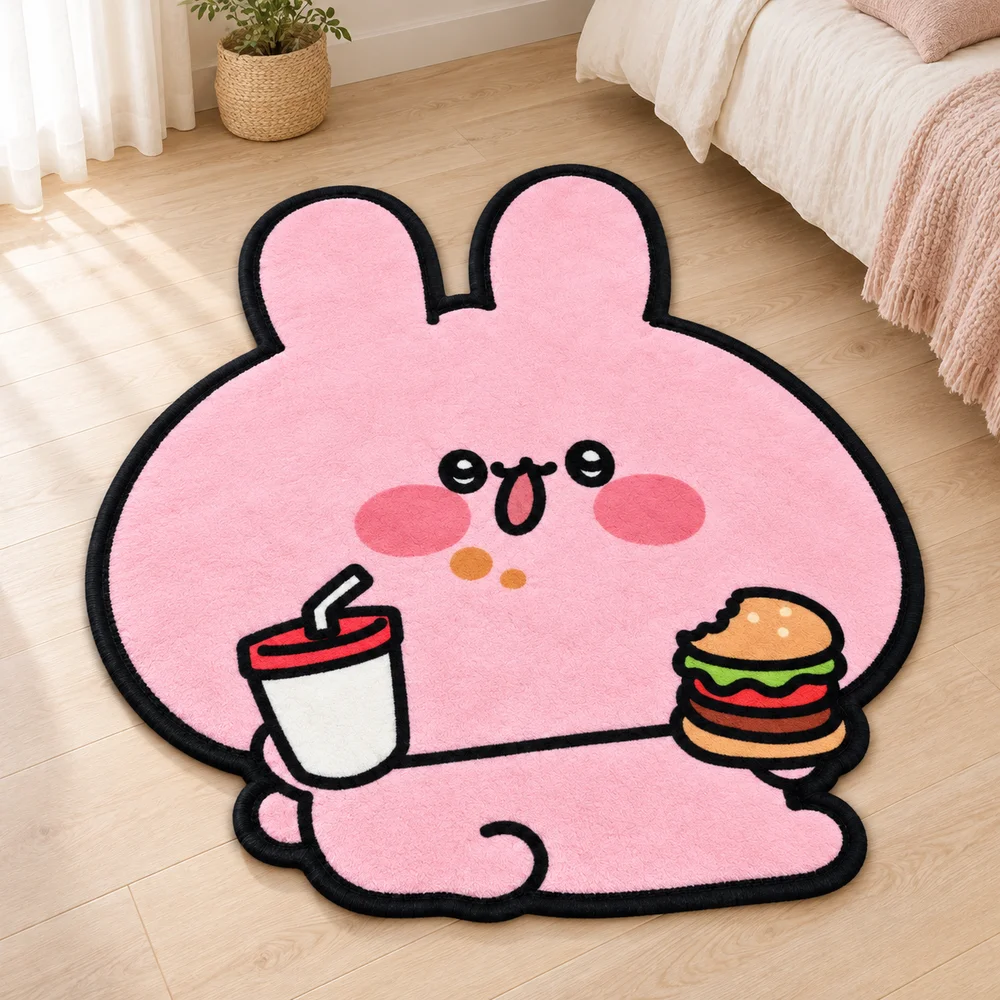 Pink Cute Bunny Shaped Rug, Eat Burger and Drink Irregular Area Flannel Floor Mat for Bedroom Living Room Entryway Home Decor