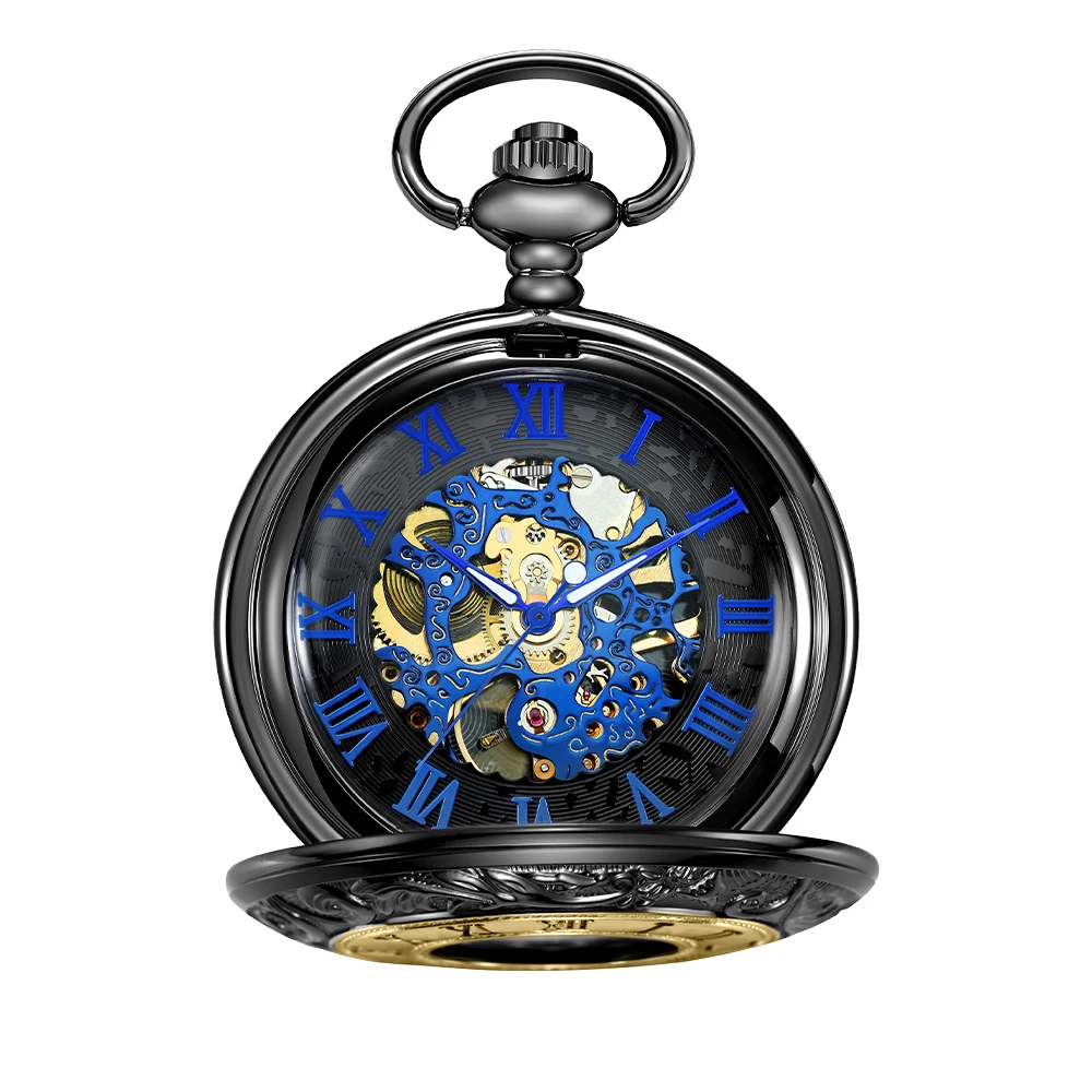 1pc Black Gold Mechanical Pocket Watch with Dial Blue Gold Rich Colors Give a Black Pendant Necklace Suitable for Men and Women