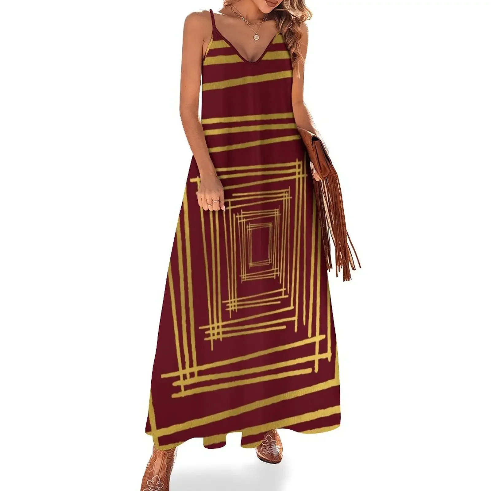 

Garnet and Gold stripes Sleeveless Dress Summer skirt womans clothing luxury woman party dress Dress