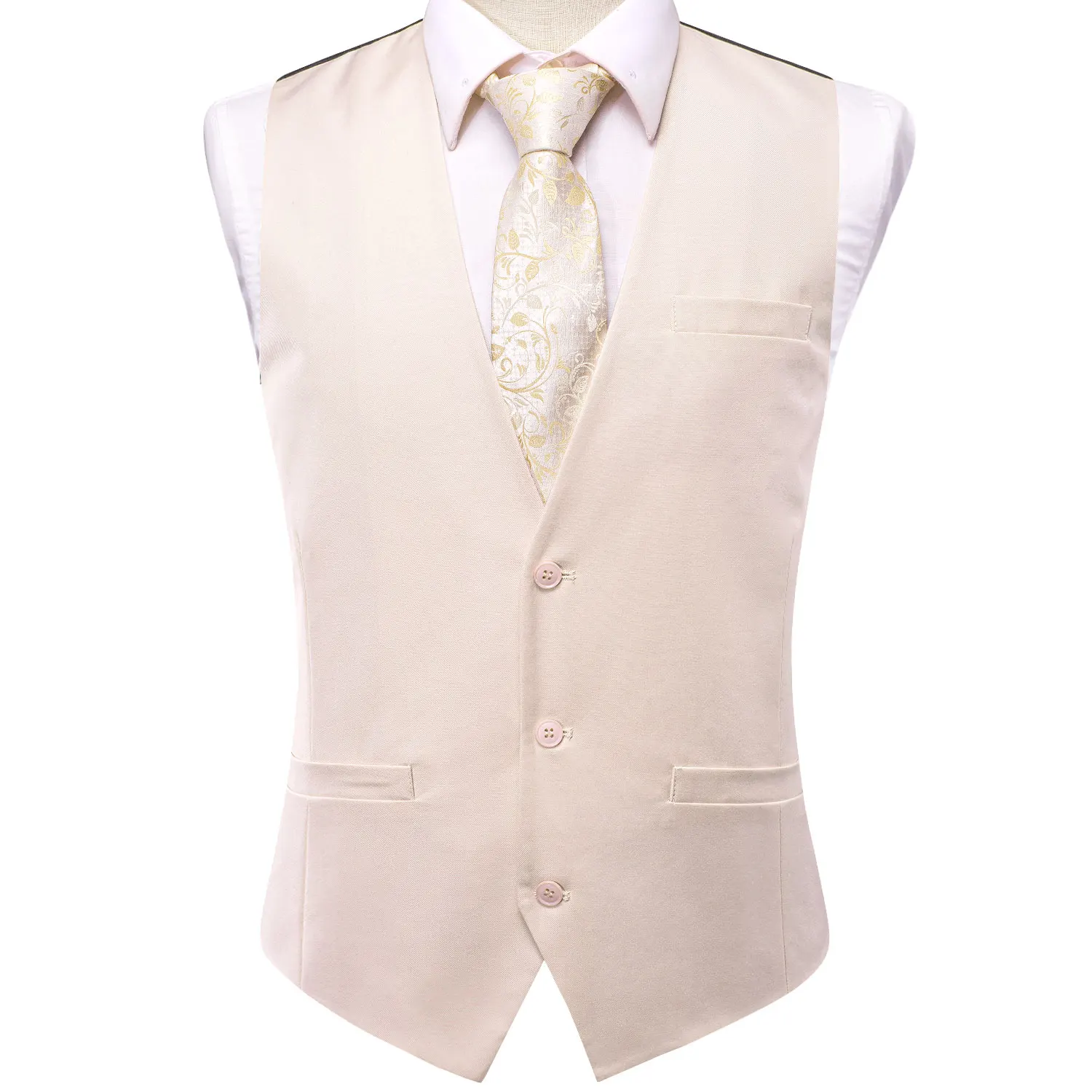 VerveRow Herren Beige Matte V-Ausschnitt Einfarbige Weste, Mehrfarbig Staubiges Rosa/Dunkelgrün/Beige/Gelb für Hochzeitsbankette – Detail 4