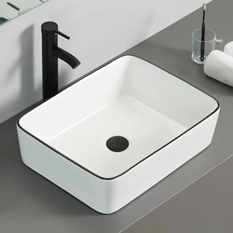 

White Ceramic Bathroom Sink, 19" x 15" Above Counter Ceramic Vanity with Black Faucet and Pop-Up Drain Combo, Rectangular