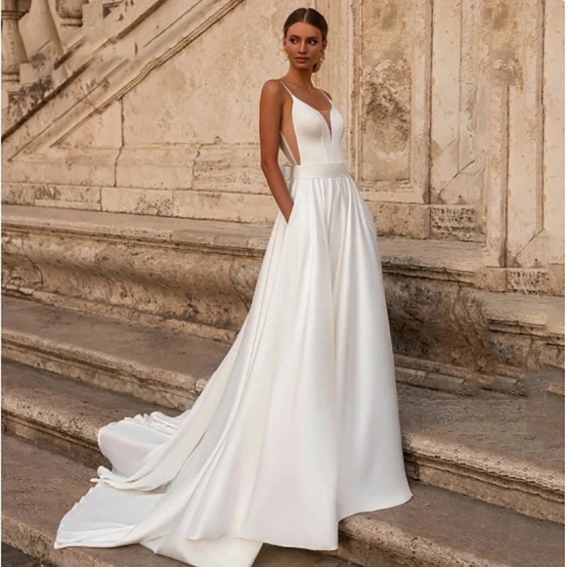 Cheap Wedding Dresses Sleeveless Classic Satin Wedding Party Dress Classic V-neck Backless A-line Wedding Gown Customized