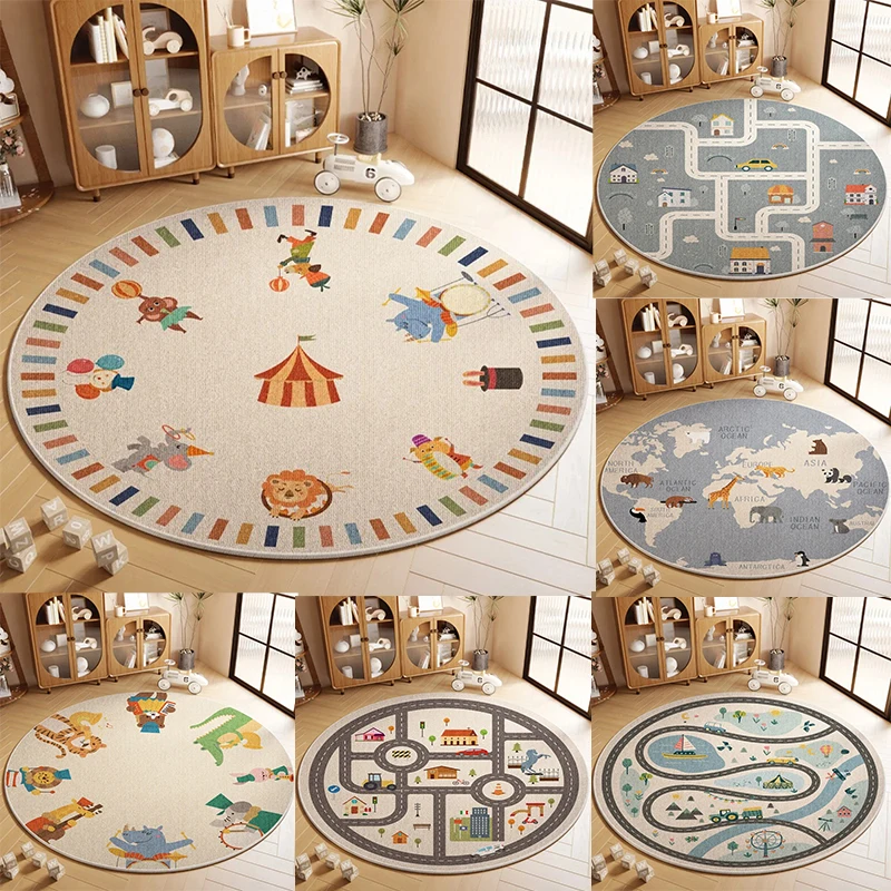 Runder Teppich mit Tiermuster im Cartoon-Stil, Spielmatte für Kinder, dekorative Matte für das Wohnzimmer, Bodenmatte für das Arbeitszimmer, schmutzabweisend
