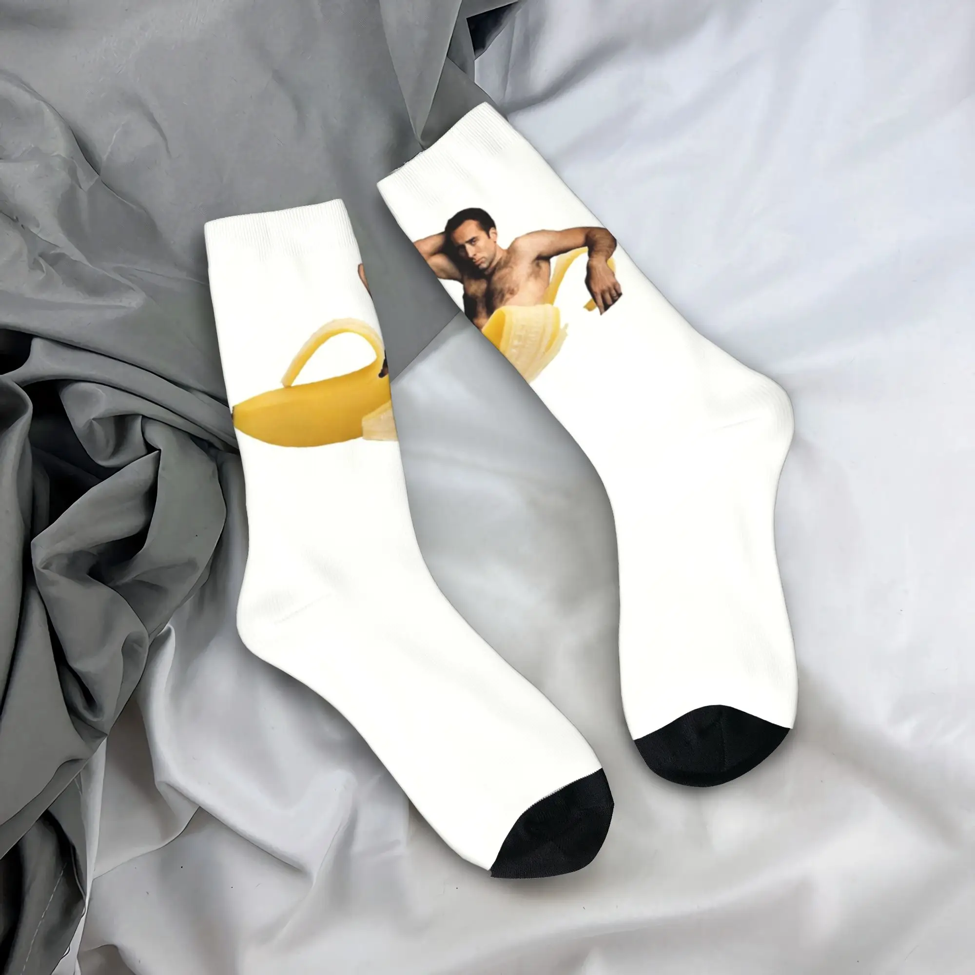 

Custom Nicolas Cage in a Banana Mens Crew Socks Unisex Fashion Funny Meme Spring Summer Autumn Winter Dress Socks