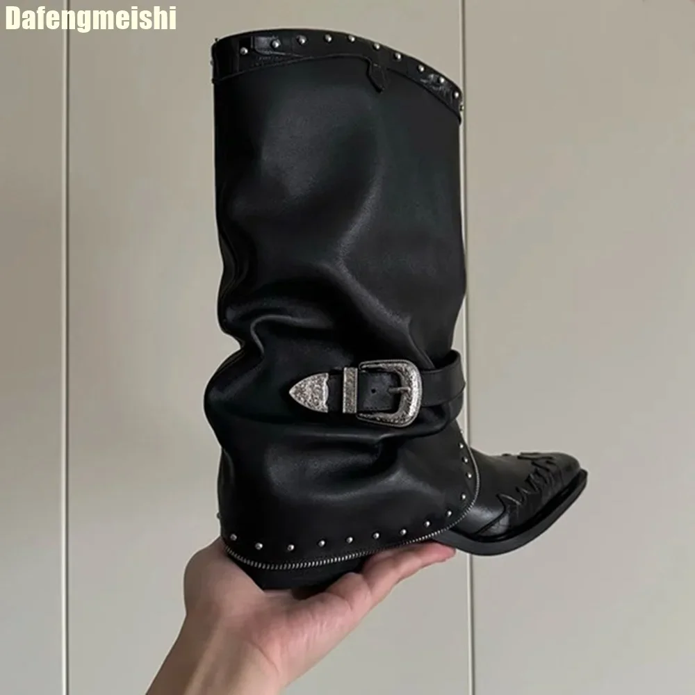 2025 New Winter Boots Black Cowhide Turned-Over Edge Mid-Calf Boots Rivet Platform Side Zipper Pointed Chunky Heel Pleated Boots