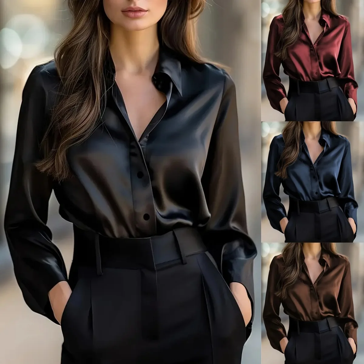 

Ele Long Button down irt for Women 2025 Sved irt Polyester Fabric V-Ne Svel Other Material Blouse Ladies