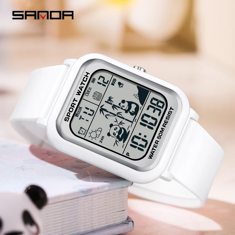 SANDA 2023 New Top Panda Pattern Square Gradient Electronic Watch Sports Casual Outdoor Waterproof Trend Unisex Wristwatch 6120