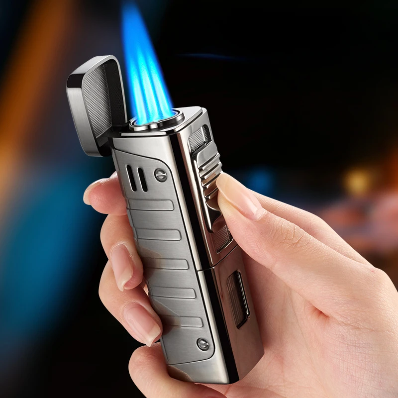 New Metal Windproof Direct Lighter Cigar Blue Flame 3 Jet Torch Gas Butane Cigar Lighters Chamber Smoking Accessories Man Gift