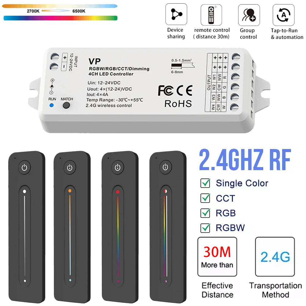 

DC12V-24V 2.4GRF LED Controller Dimmer with Wall Mounted Touch Wireless Remote Control Fr Single/Dual Color RGB RGBW Strip Light