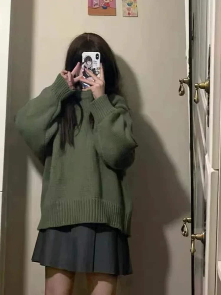 Japanse retro damestrui met ronde hals voor herfst en winter dames losse en dikke gebreide damestops met lange mouwen