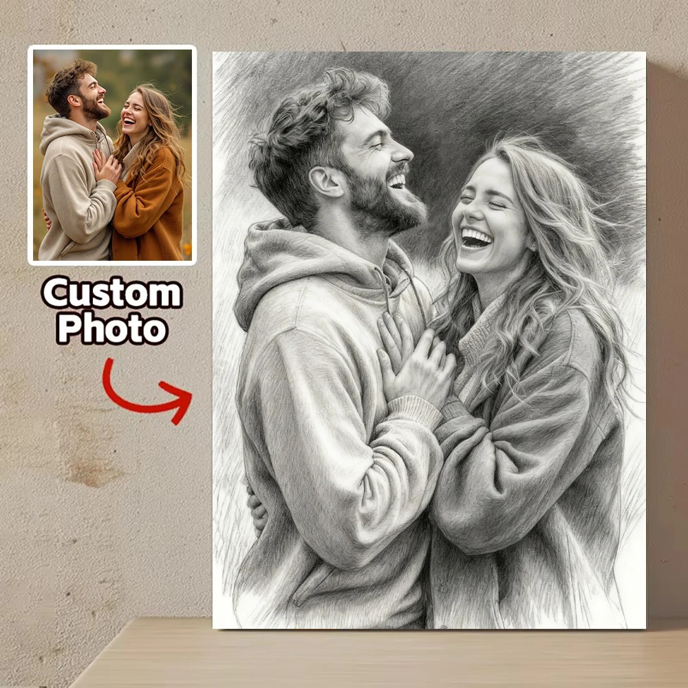 Customize Your Photos Black White Sketch Style Canvas Print Wedding Couple Family Pet Wall Art Poster Home Decor Perfect Gift