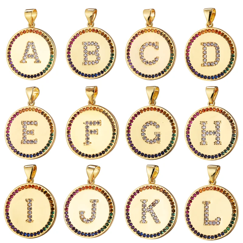 Juya 18K Real Gold Plated Rainbow Cz Alphabet Initial Letter Round Coins Charms For DIY Decoration Pendant Name Jewelry Making