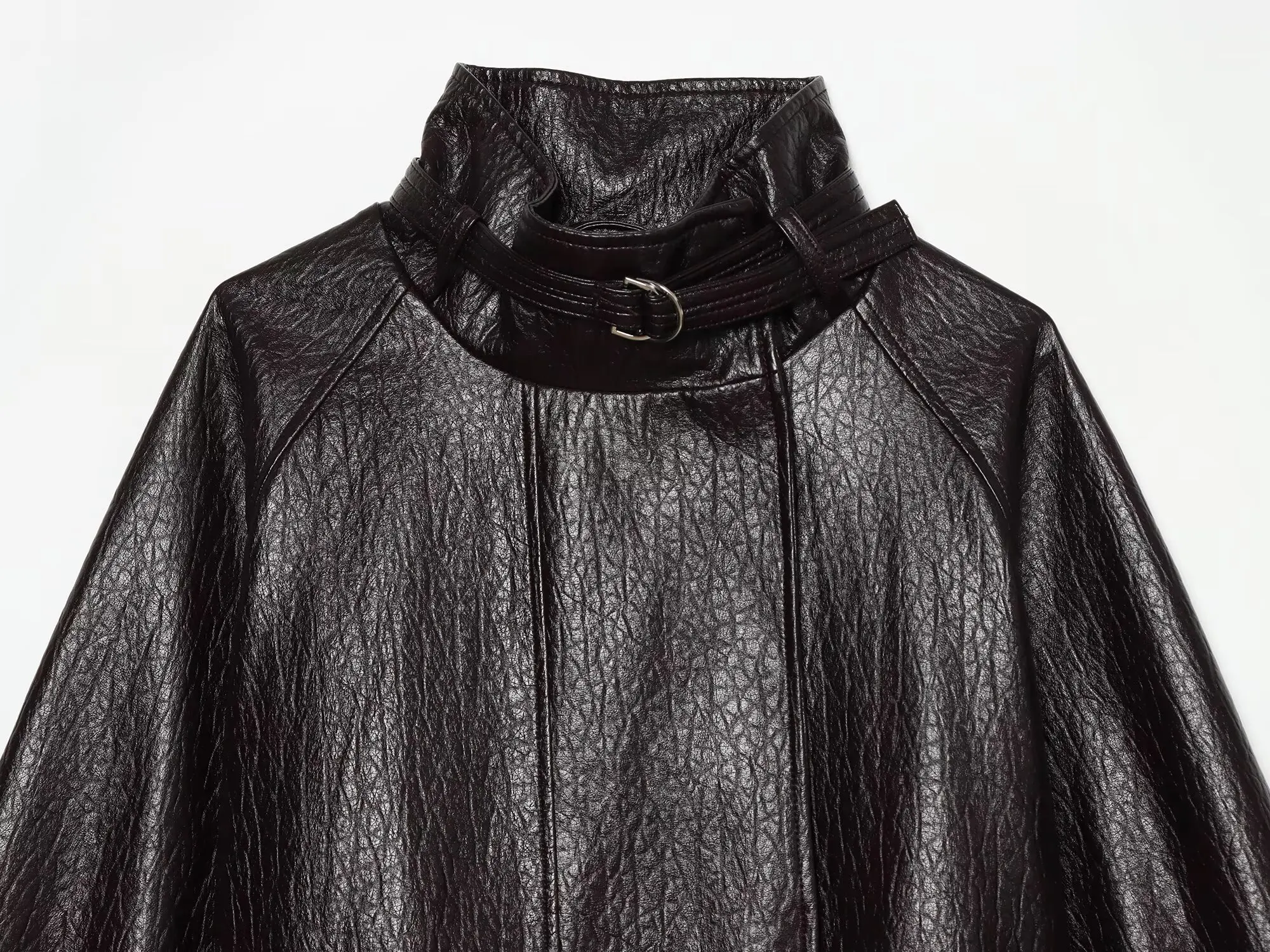 BSAY Vintage Einfarbige Kunstlederjacke für Damen, Neuer Stehkragen mit Halsriemen, Schnallen-Gürtel an der Taille, Laternenärmel, Lässiger Außenmantel – Detail 4