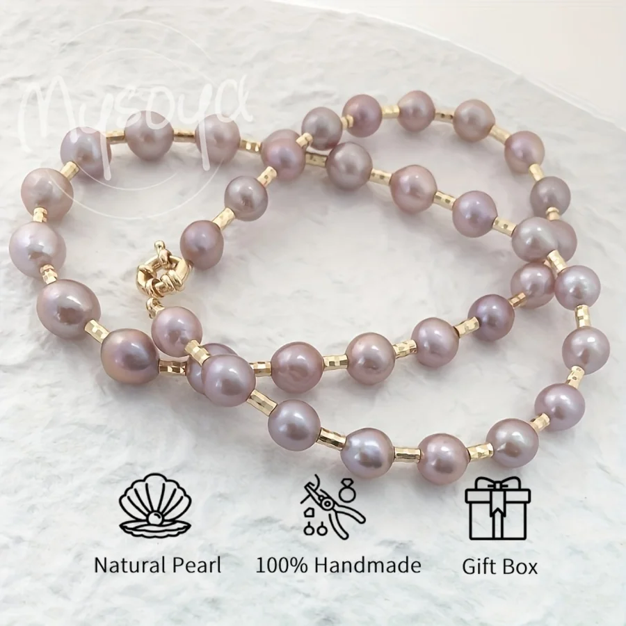 

MYSOYA 8-9mm Purple Freshwater Pearl Necklace Golden Tube Beads Golden Connector Clasp Gift Box Perfect For Wedding Birthday