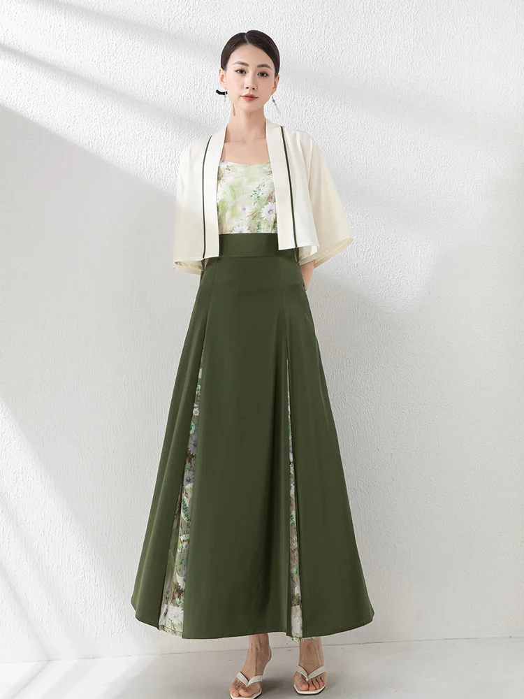 

Yeyang National Sle een Improved Hanfu Song ort Baozi Printed Patchwork Zipper Tee Pleat Skirt Small Size Women