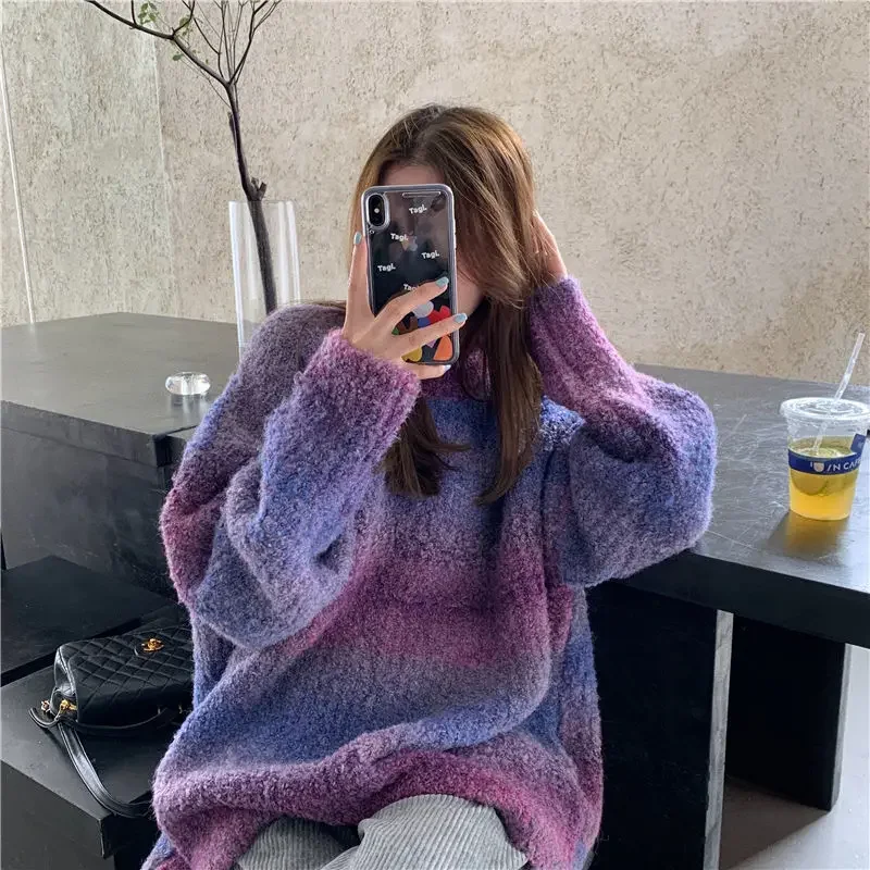 QNPQYX Retro Japanese Thick Sweater Loose Lazy Female Outer Wear Tie-dye Gradient Color Winter New Women Knitted Sweater Sweater