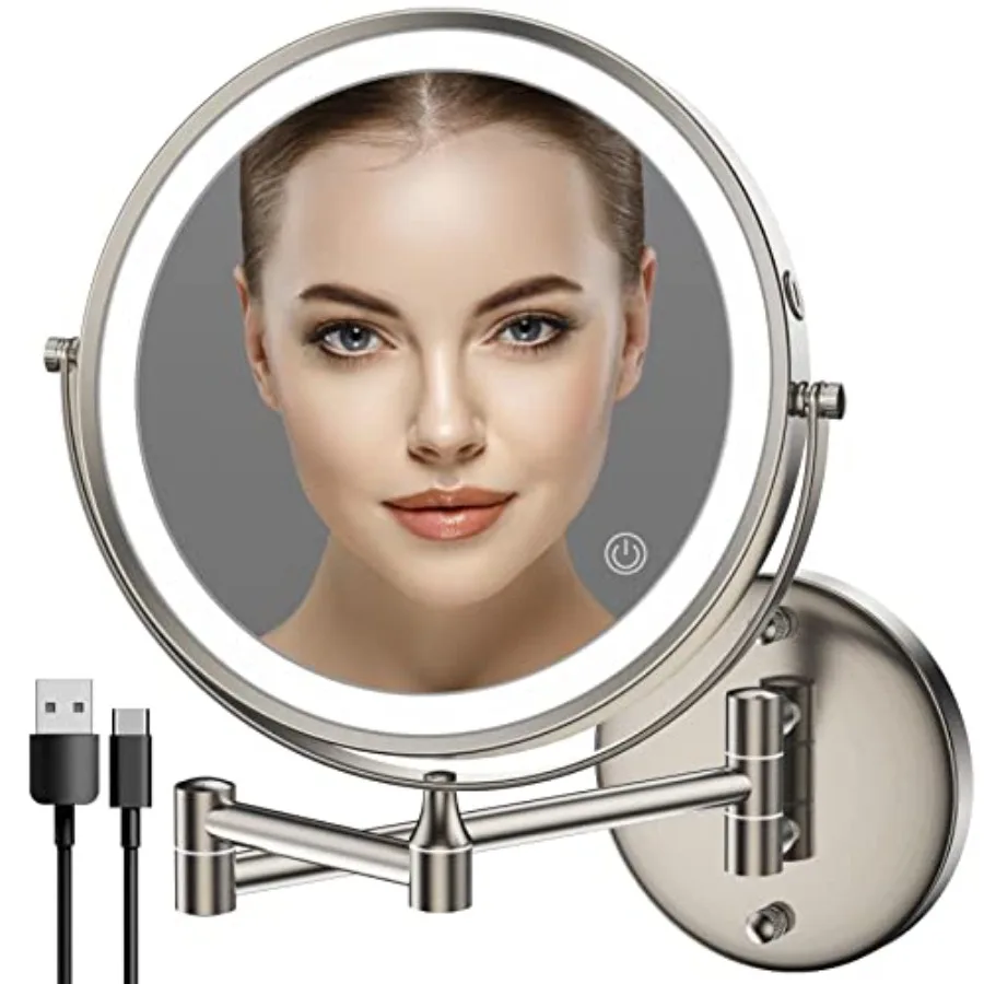 

Rechargeable Wall Mounted Lighted Makeup Mirror, Double-Sided LED Vanity Mirror 1X/10X Magnification, 3 Color Lights Touch Scre