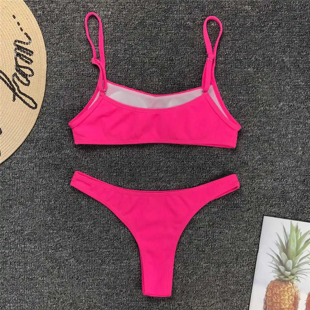 Sexy Neonpink gerippter brasilianischer Damen-Badeanzug, Bikini mit niedriger Taille, zweiteiliger Bikini-Set, Badeanzug V1295 – Detail 18