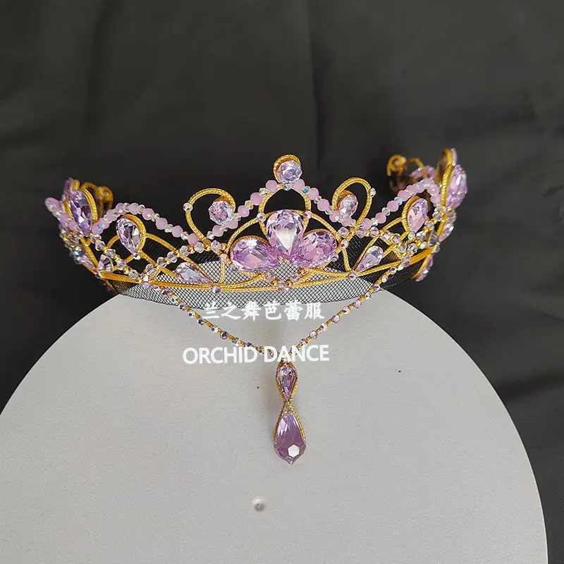 Ballet crown headpiece with golden hollow outline and purple rhinestone dangling ornaments for ballet stage performance