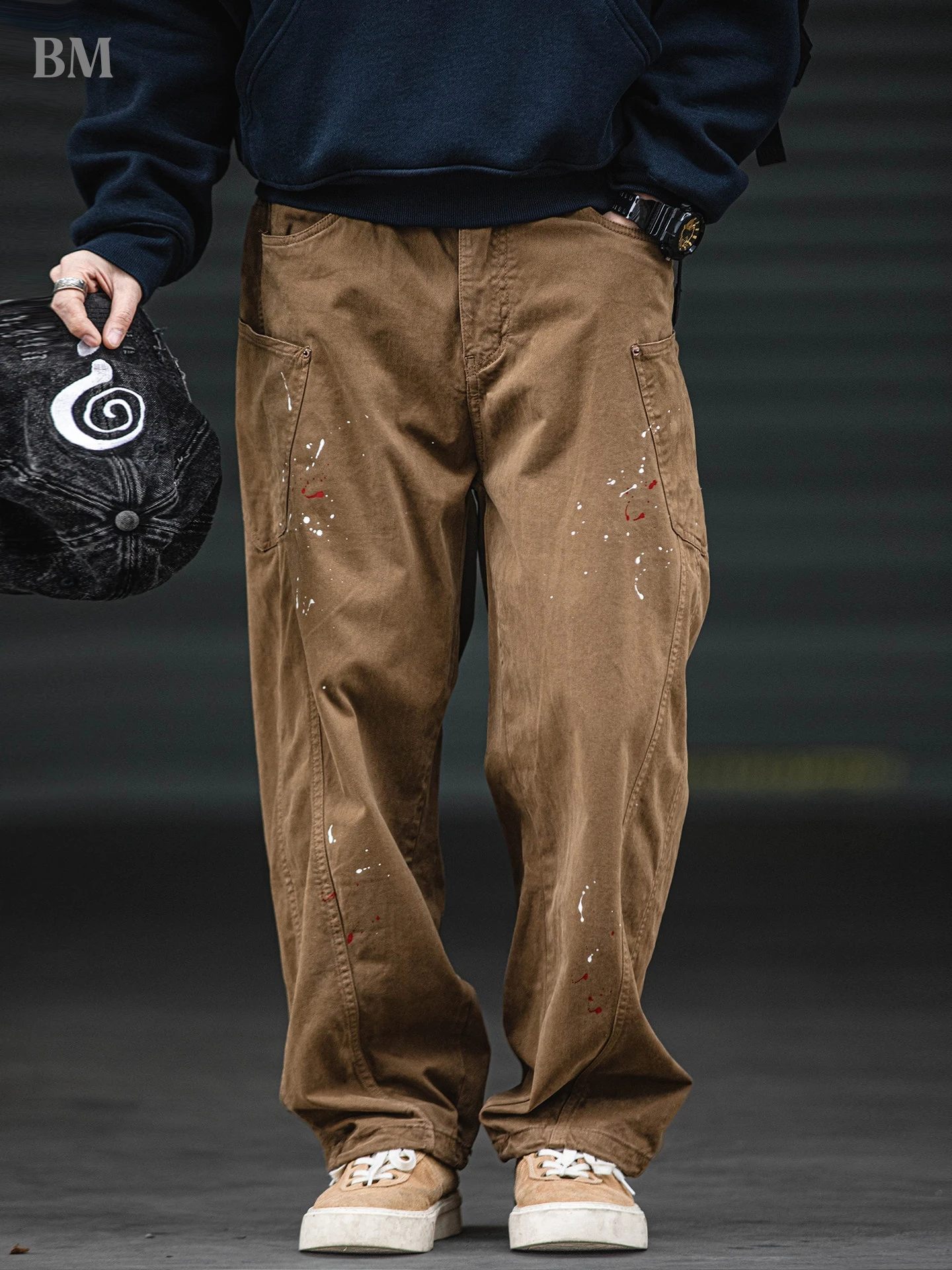 

Oversized Baggy Vintage Paint Splatter Cargo Pants Men Loose Fit Retro American Style Streetwear Utility Work Pants Casual Brown
