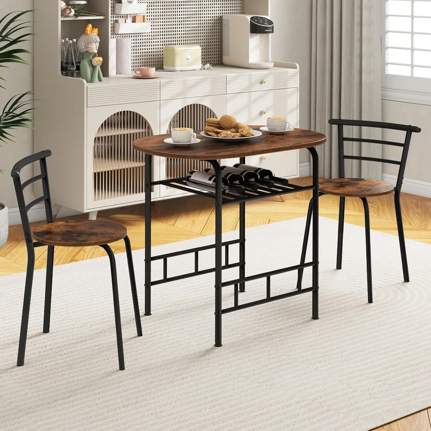 3 Piece Dining Set Compact 2 Chairs and Table Set w/ Metal Frame and Shelf Storage Bistro Pub Breakfast Space Saving