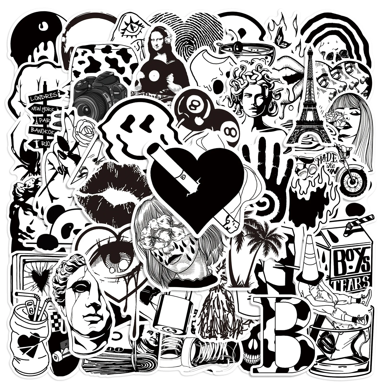 Imagem -02 - Impermeável Art Graffiti Etiqueta Preto e Branco Estético Decorativo Bagagem Laptop Telefone Guitarra Scrapbook Crianças Adesivos 10 Pcs 30 Pcs 50 Pcs